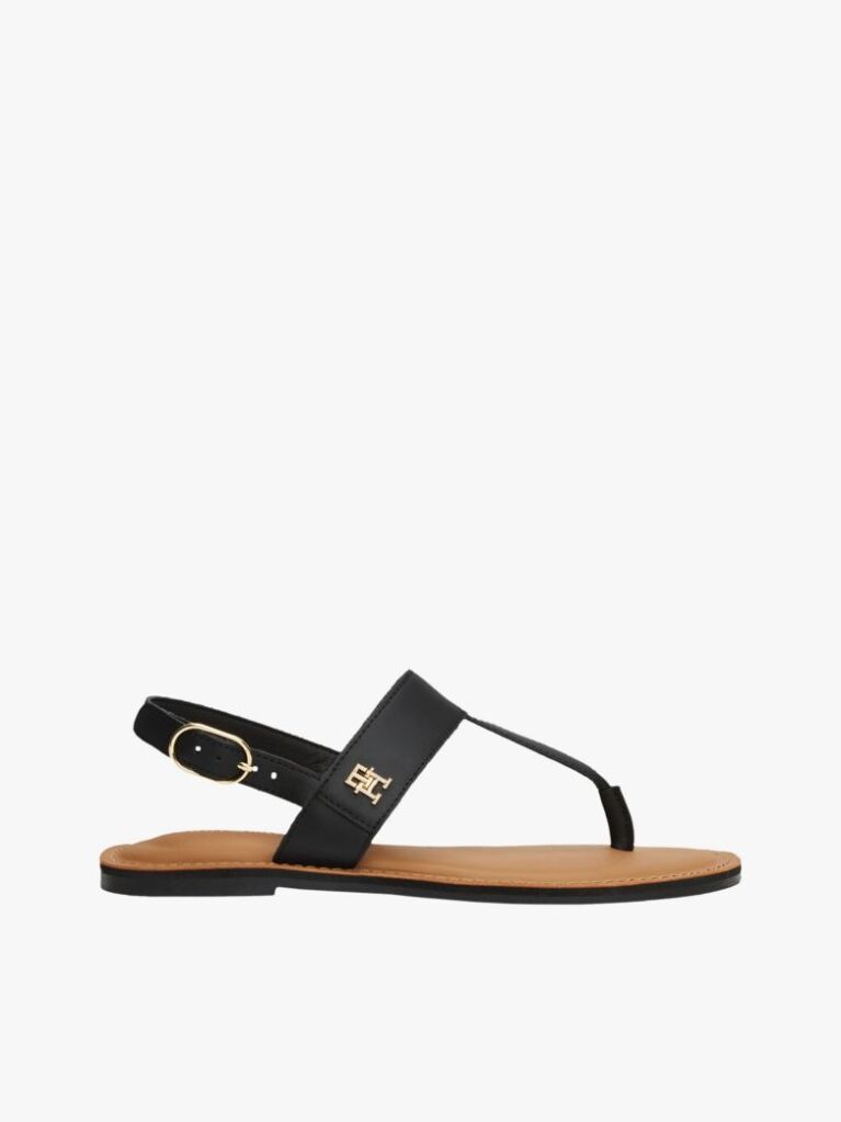 Black Leather Toe Post Sandals  Women
