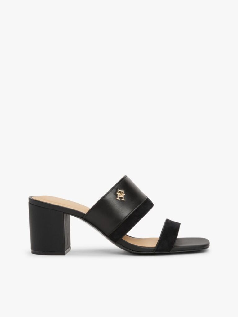 Black Leather Block Heel Mules  Women