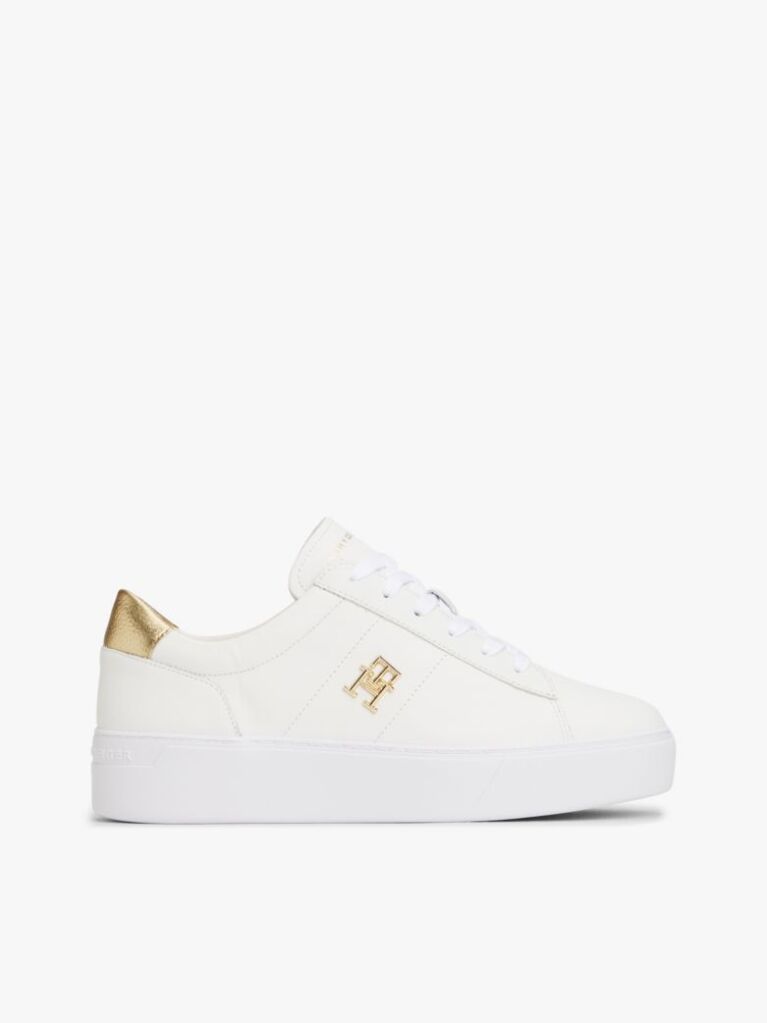 White Leather Platform Court Trainers  Women