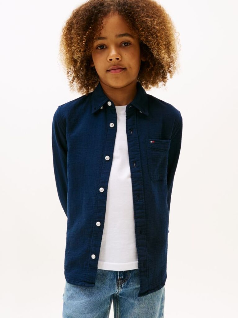 Blue Textured Solid Shirt Long Sleeve  Boys