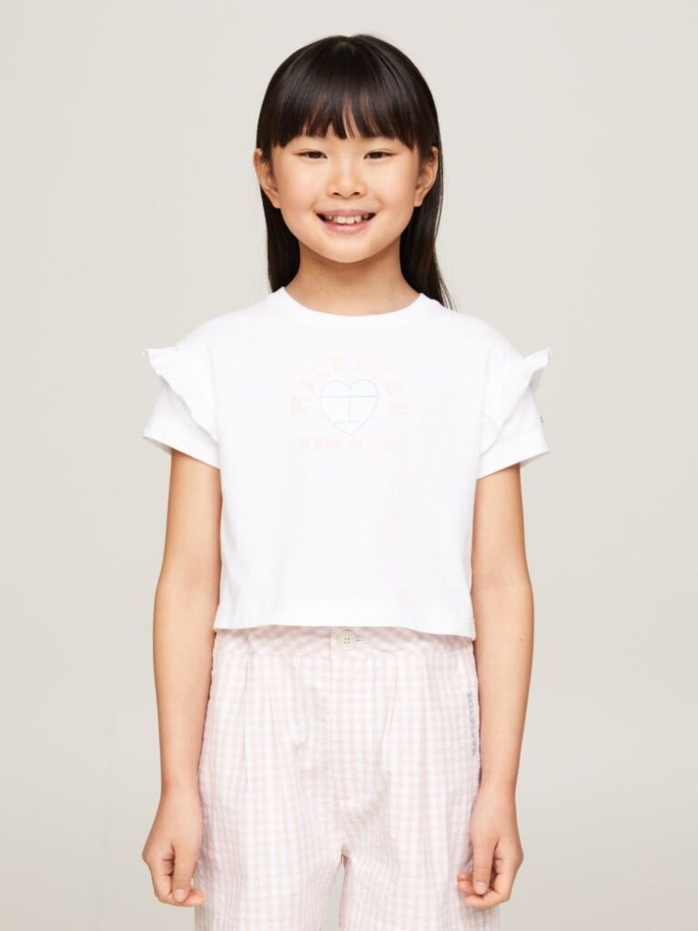White Heart Flag Ruffle Sleeve Relaxed T-Shirt  Girls