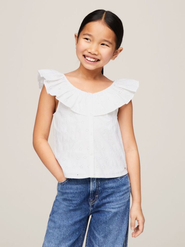 White TH Monogram Broderie Anglaise Cropped Blouse  Girls