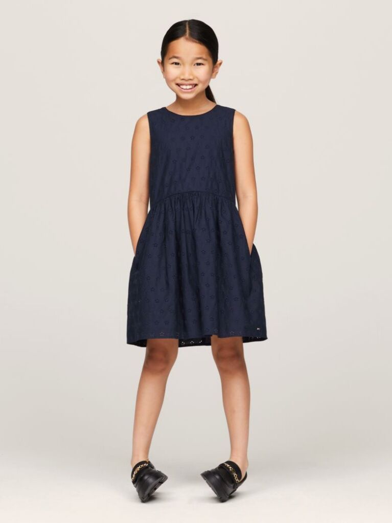 Blue TH Monogram Broderie Anglaise Sleeveless Dress  Girls