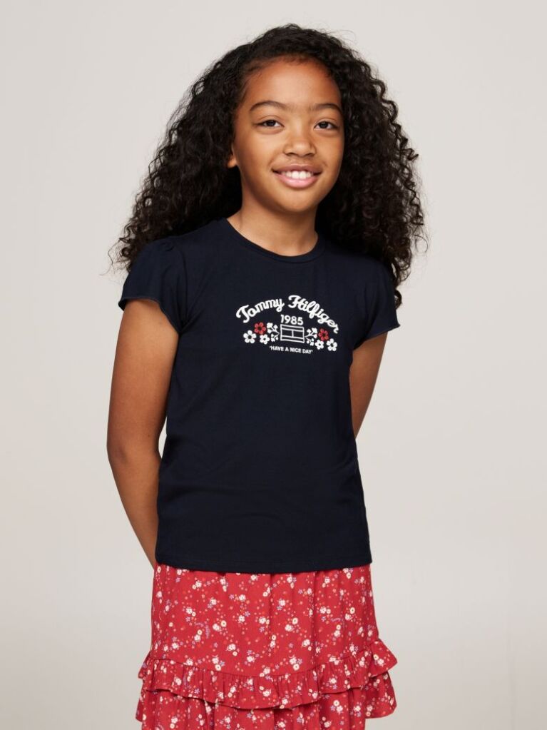 Blue Floral Logo Print Slim Fit T-Shirt  Girls