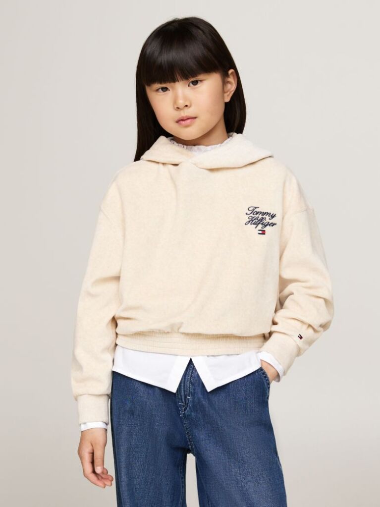 Beige Script Logo Velour Relaxed Hoody  Girls