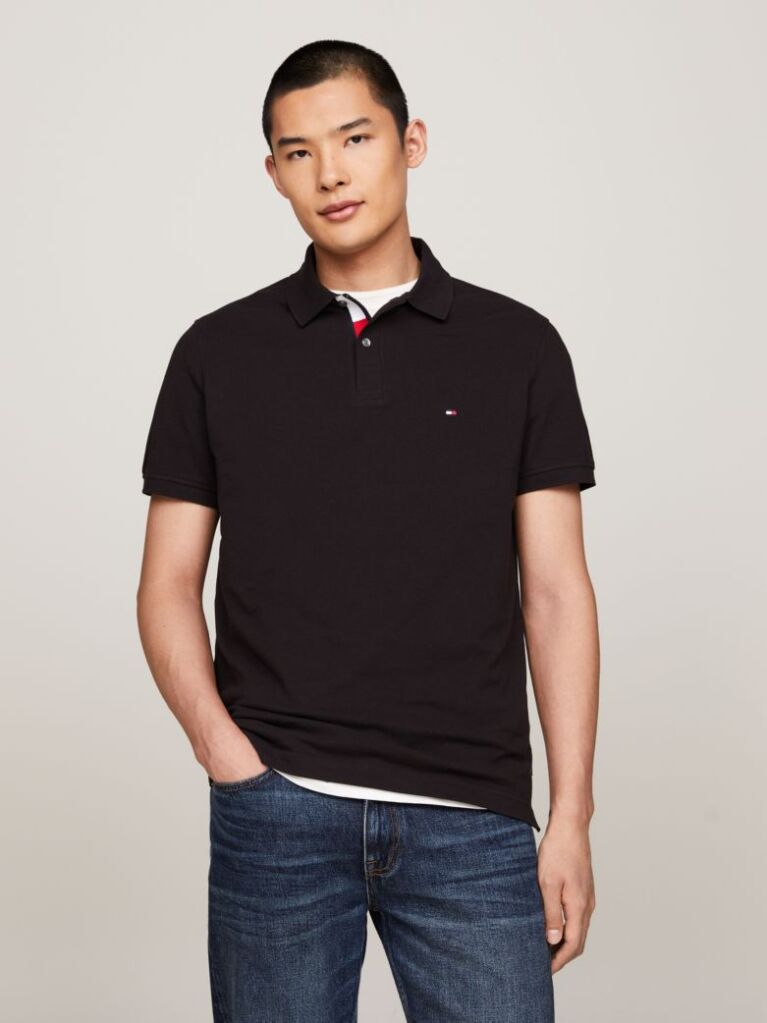 Black Tipped Placket Flag Embroidery Polo  Men