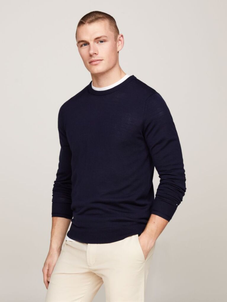 Blue Smart Casual Fine Merino Wool Jumper  Men