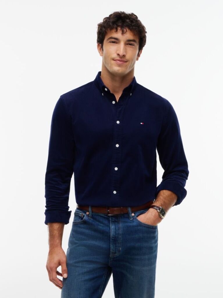 Blue Regular Fit Flag Embroidery Corduroy Shirt  Men
