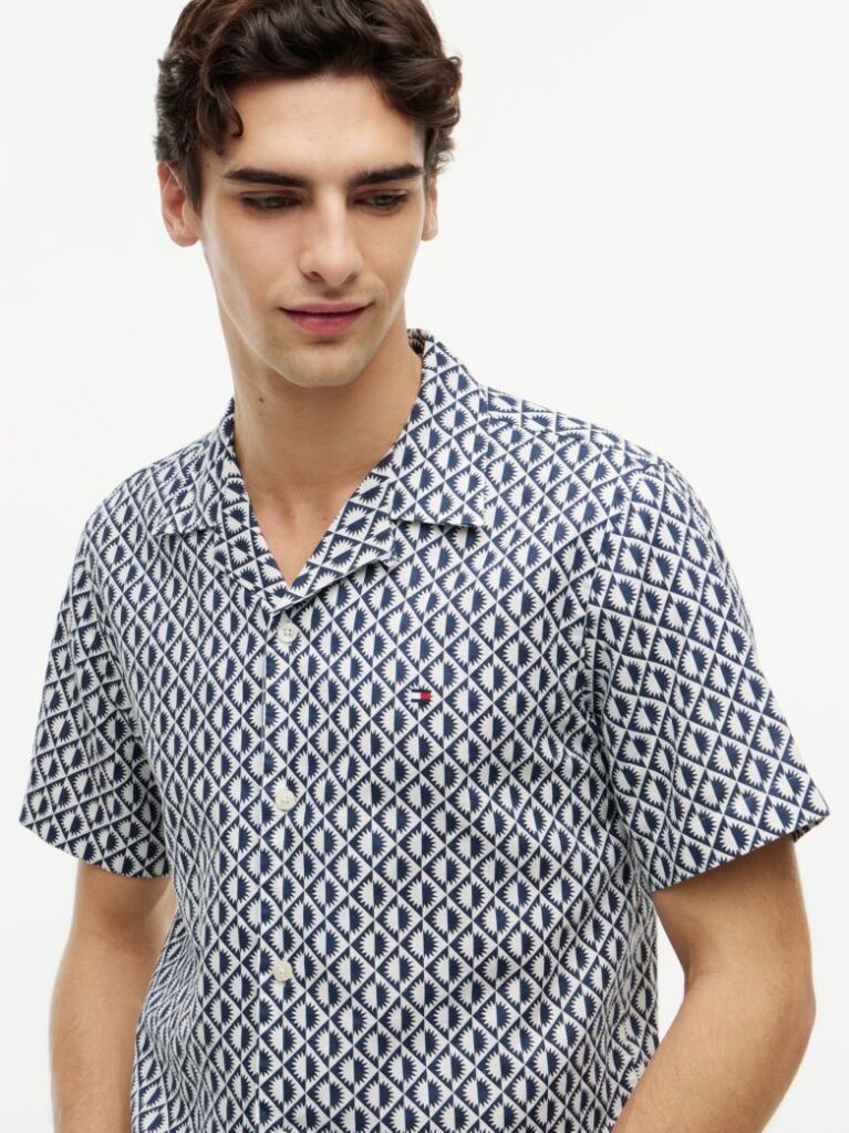 Multi Regular Linen Blend Print Short Sleeve Shirt  Men