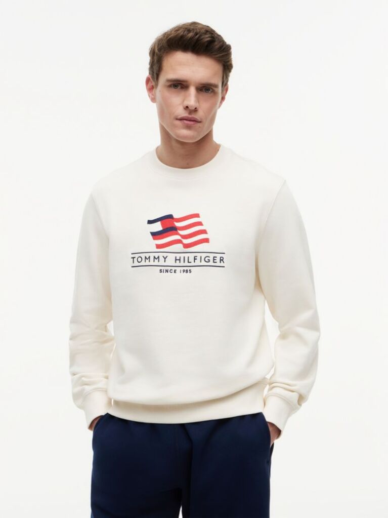 Beige Flag Terry Crew Neck Sweatshirt  Men
