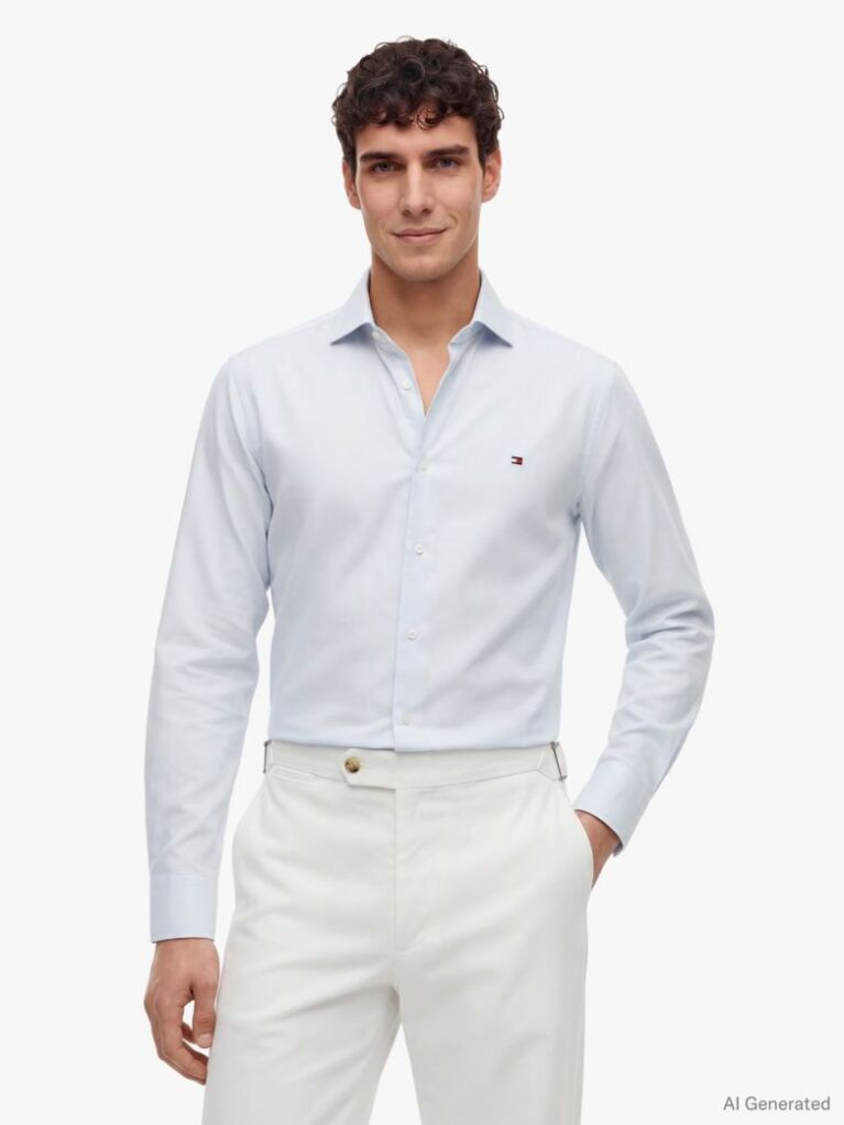 Blue Slim Fit Flag Embroidery Dobby Shirt  Men