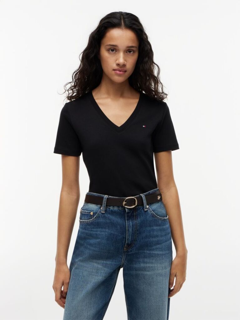 Black Ribbed V-Neck Slim Fit T-Shirt  Women