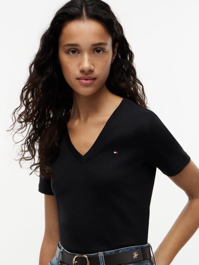 Black Ribbed V-Neck Slim Fit T-Shirt  Women