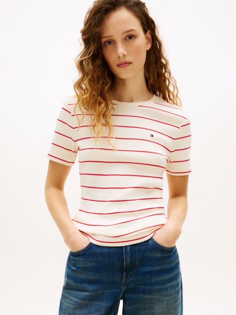 Multi Flag Embroidery Ribbed Slim T-Shirt  Women