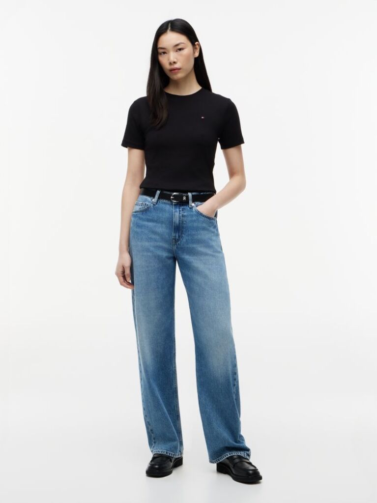 Black Flag Embroidery Ribbed Slim T-Shirt  Women