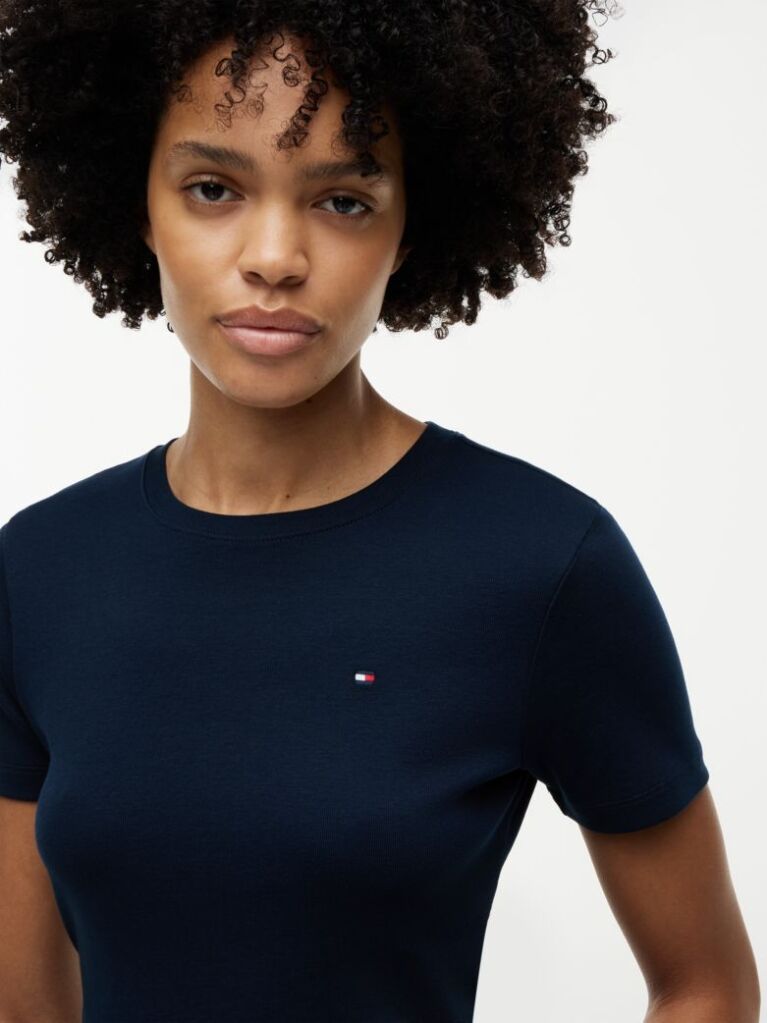 Blue Flag Embroidery Ribbed Slim T-Shirt  Women