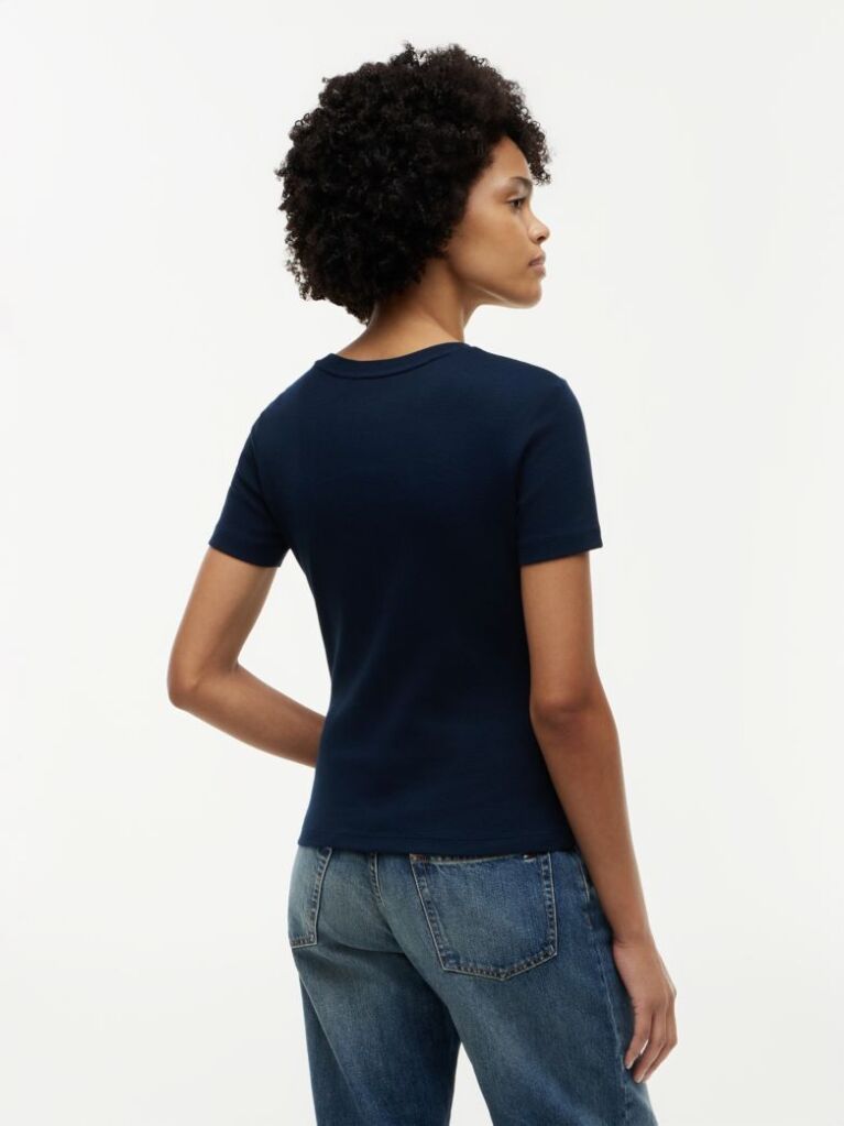 Blue Flag Embroidery Ribbed Slim T-Shirt  Women