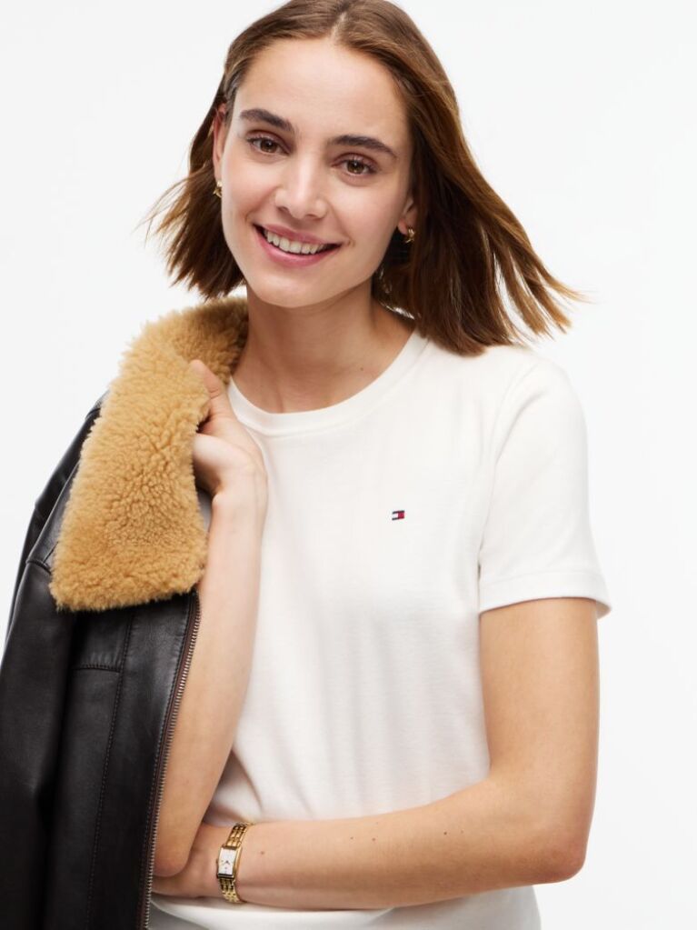 White Flag Embroidery Ribbed Slim T-Shirt  Women