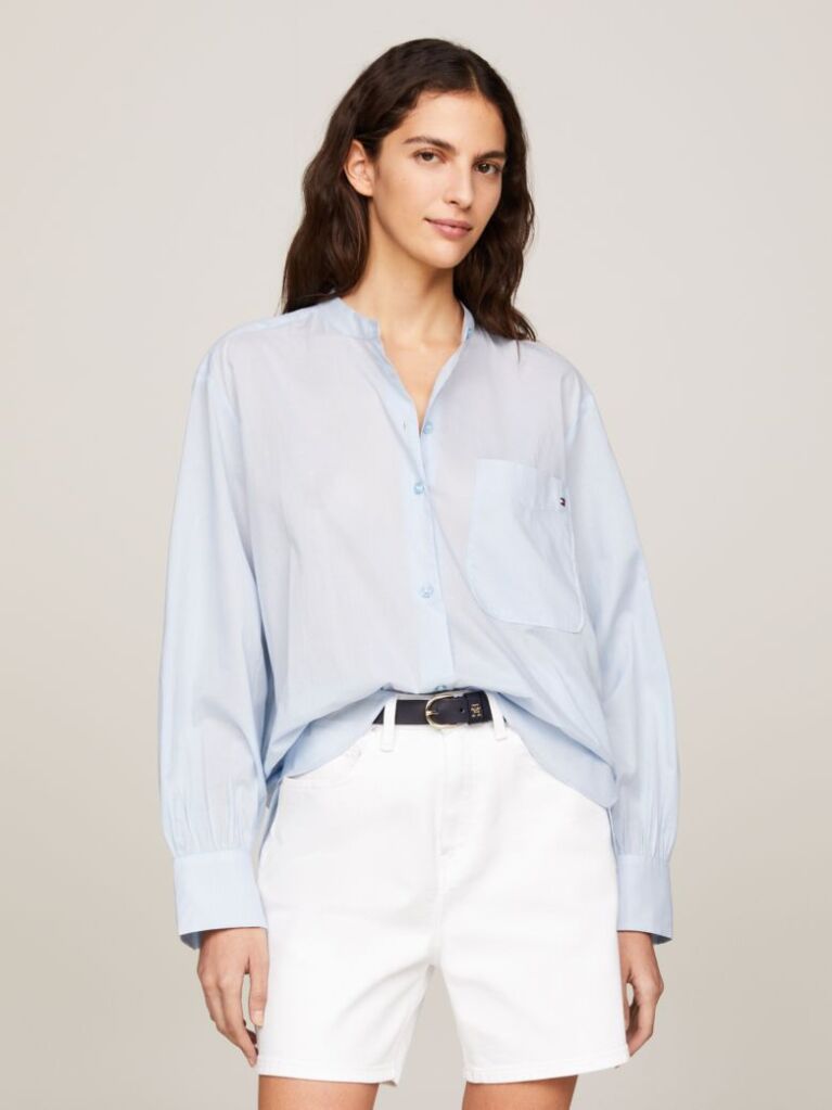Blue Grandad Collar Oversized Voile Shirt  Women