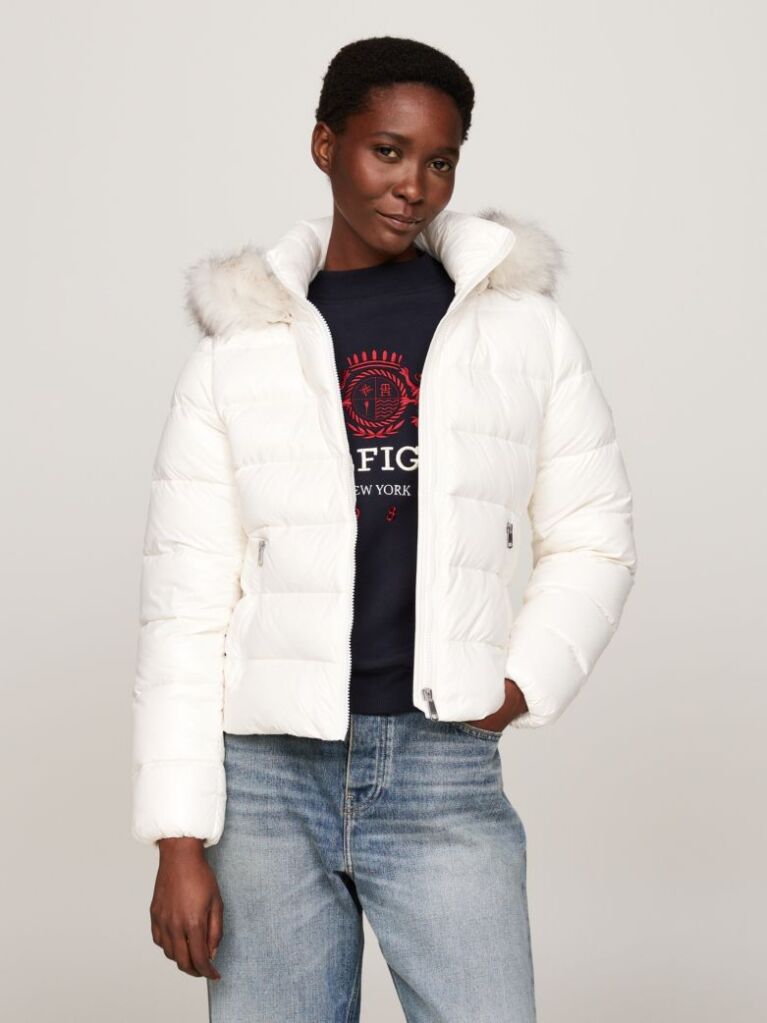 White Faux Fur Trim Down Jacket  Women