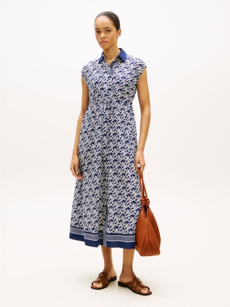 Blue Print Voile Midi Shirt Dress With Silk  Women
