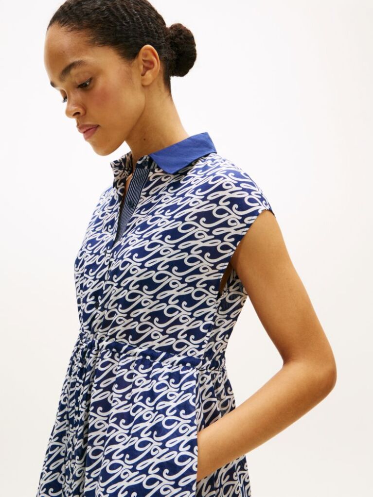 Blue Print Voile Midi Shirt Dress With Silk  Women
