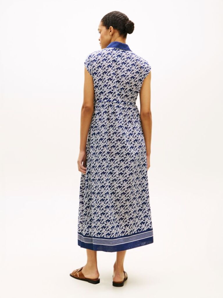 Blue Print Voile Midi Shirt Dress With Silk  Women