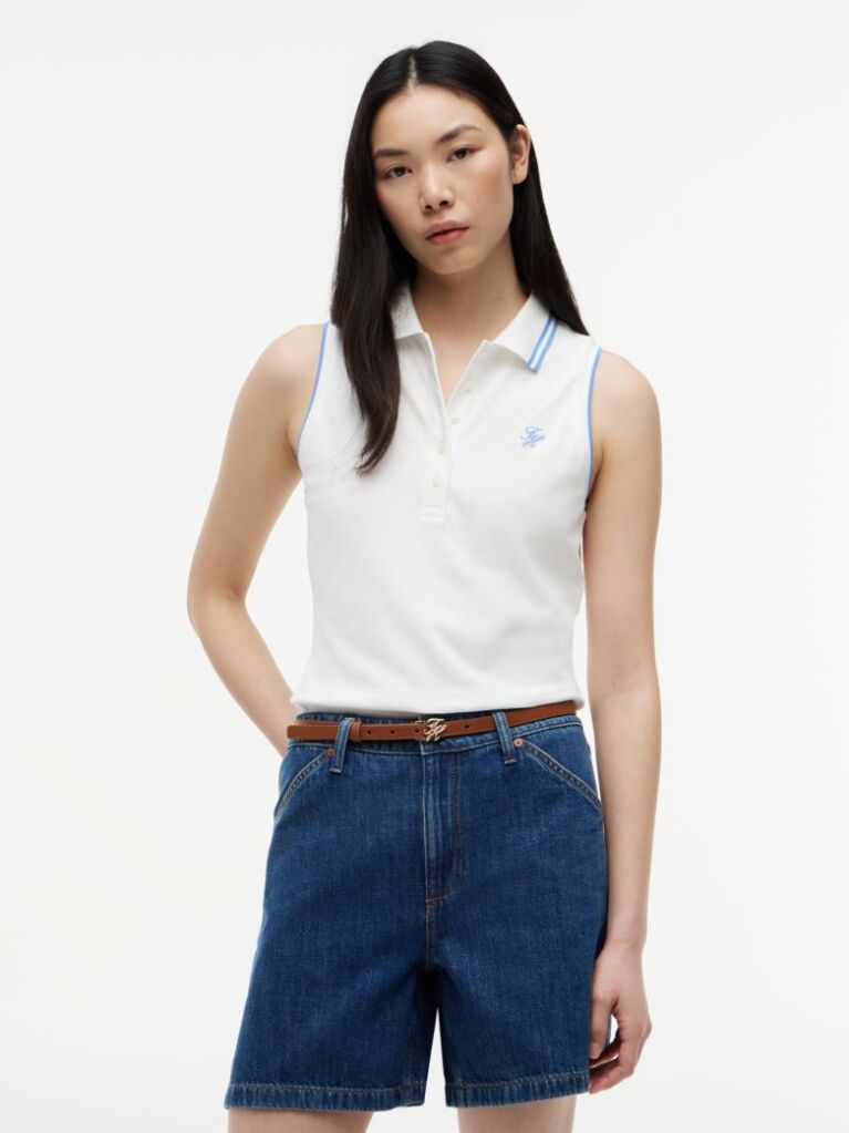 White 1985 Slim Fit Pique Sleeveless Polo Shirt  Women