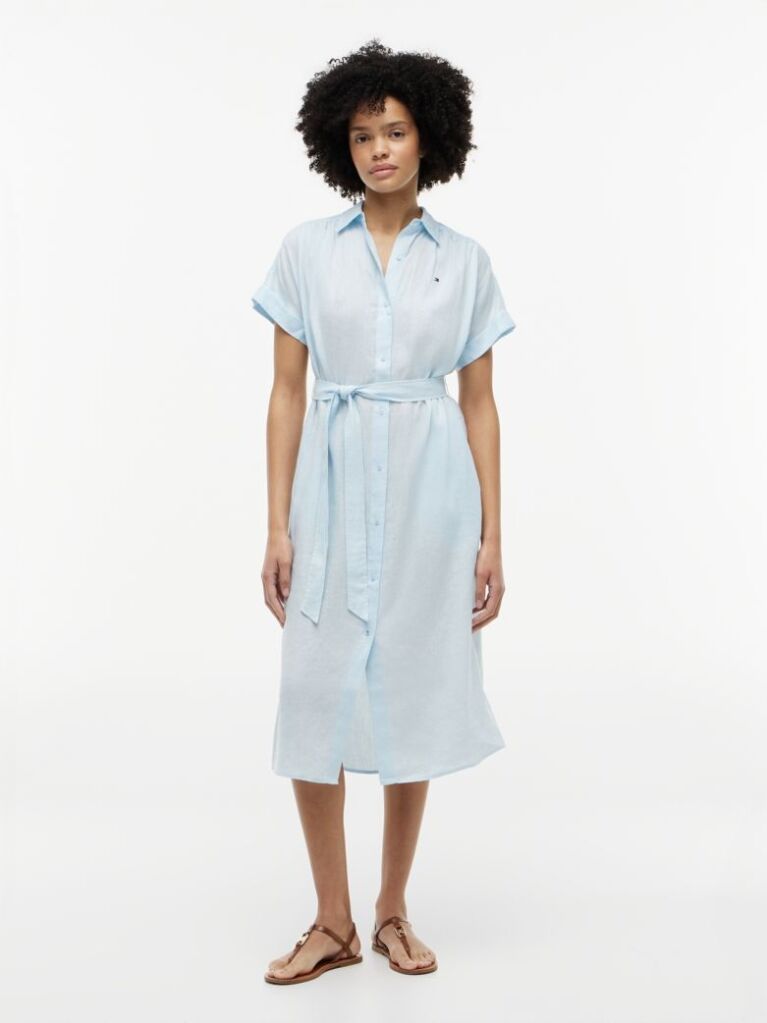 Blue Belted Relaxed Pure Linen Shirt Dress  Women