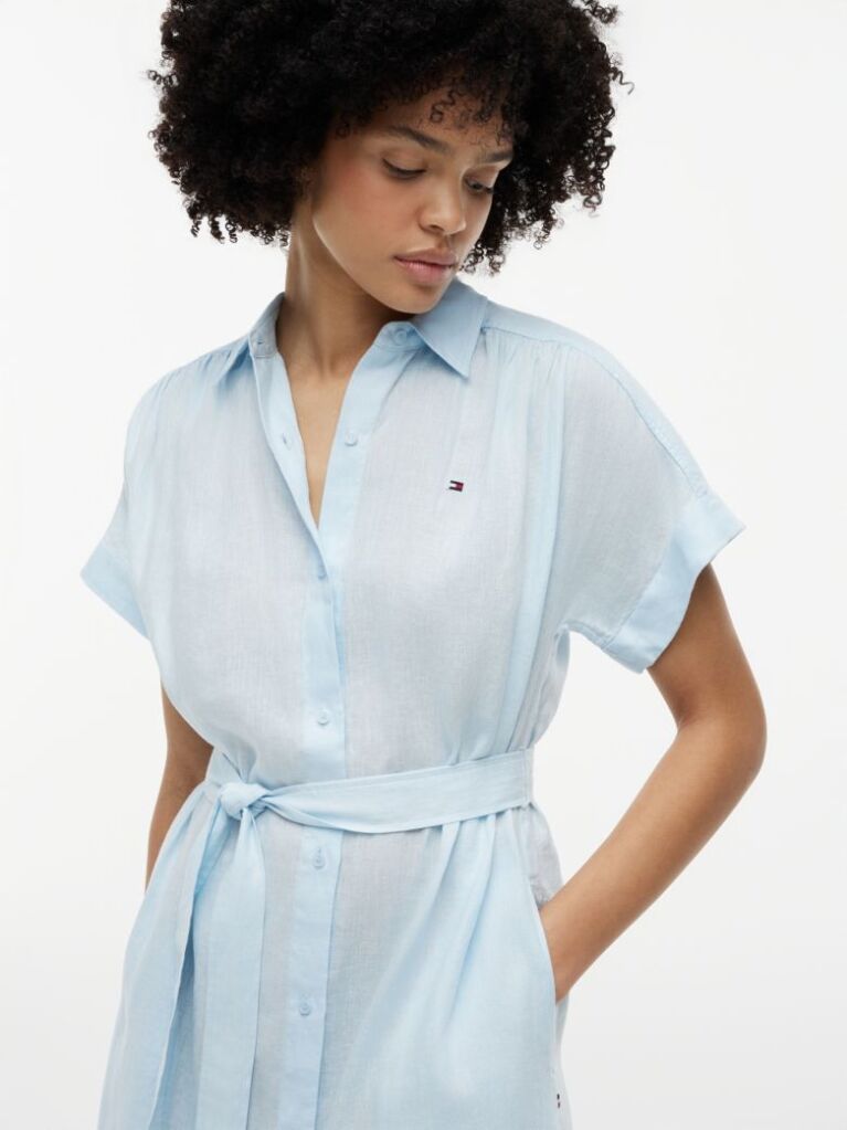 Blue Belted Relaxed Pure Linen Shirt Dress  Women
