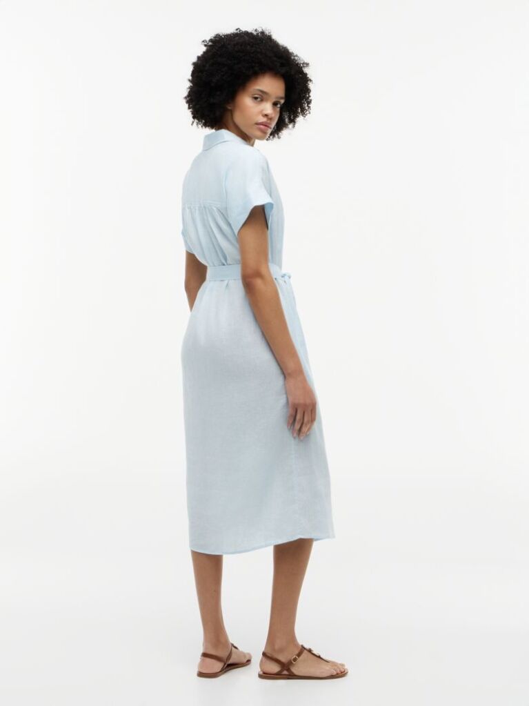 Blue Belted Relaxed Pure Linen Shirt Dress  Women