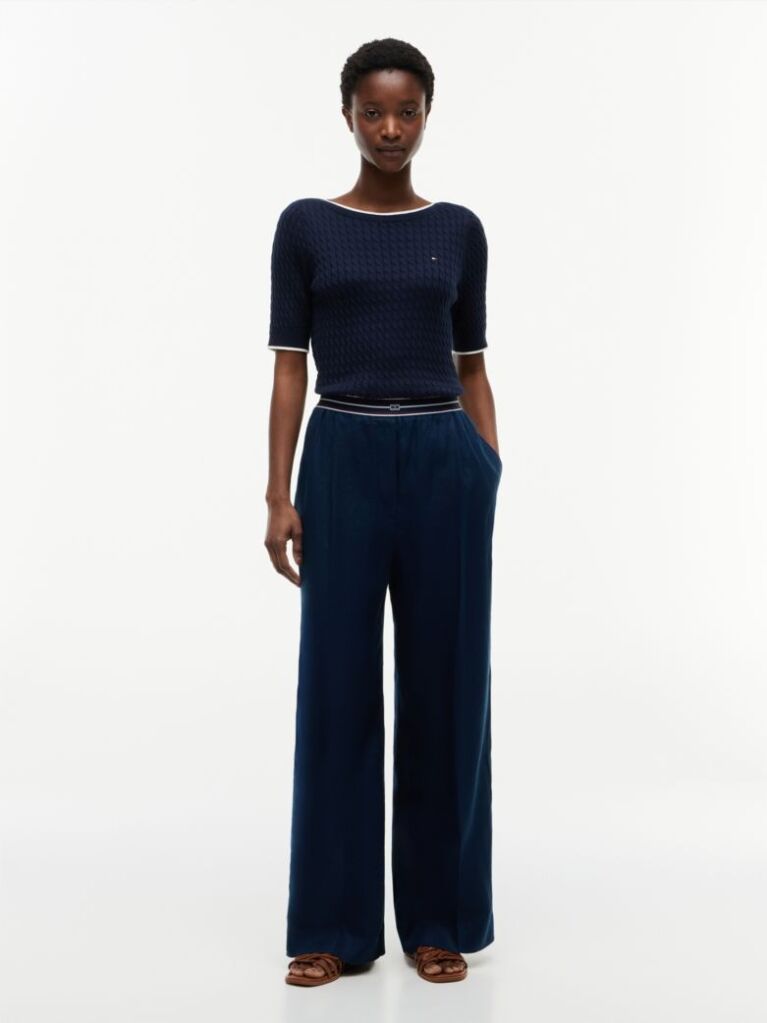 Blue Pure Linen Twill Straight Trousers  Women