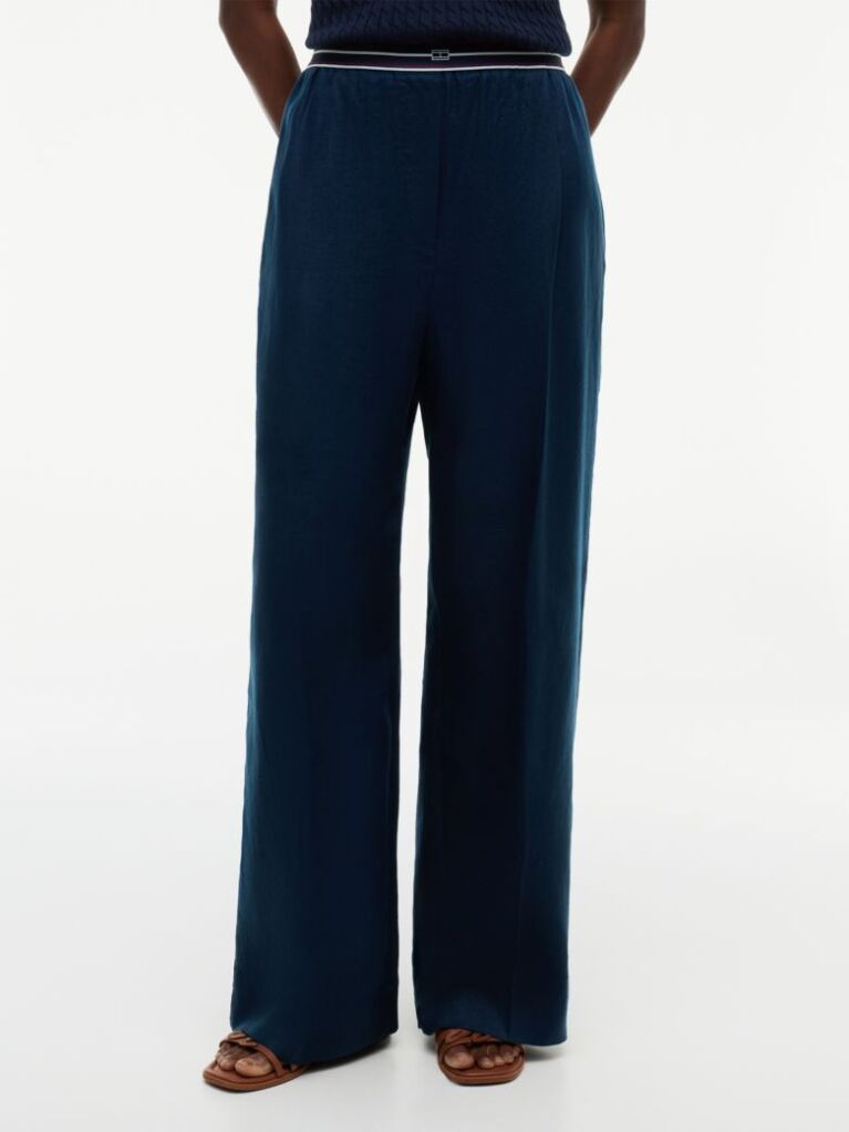 Blue Pure Linen Twill Straight Trousers  Women