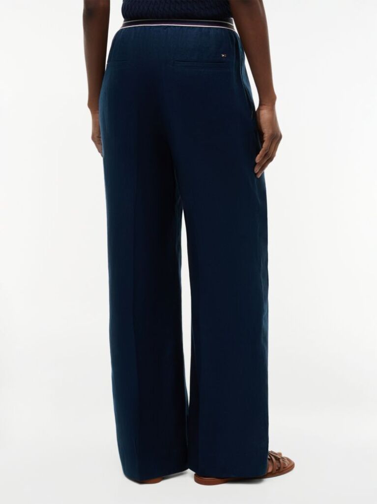 Blue Pure Linen Twill Straight Trousers  Women