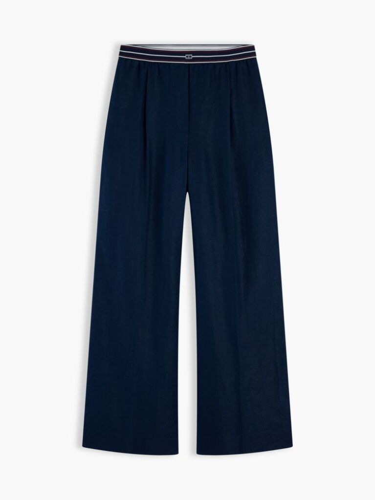 Blue Pure Linen Twill Straight Trousers  Women