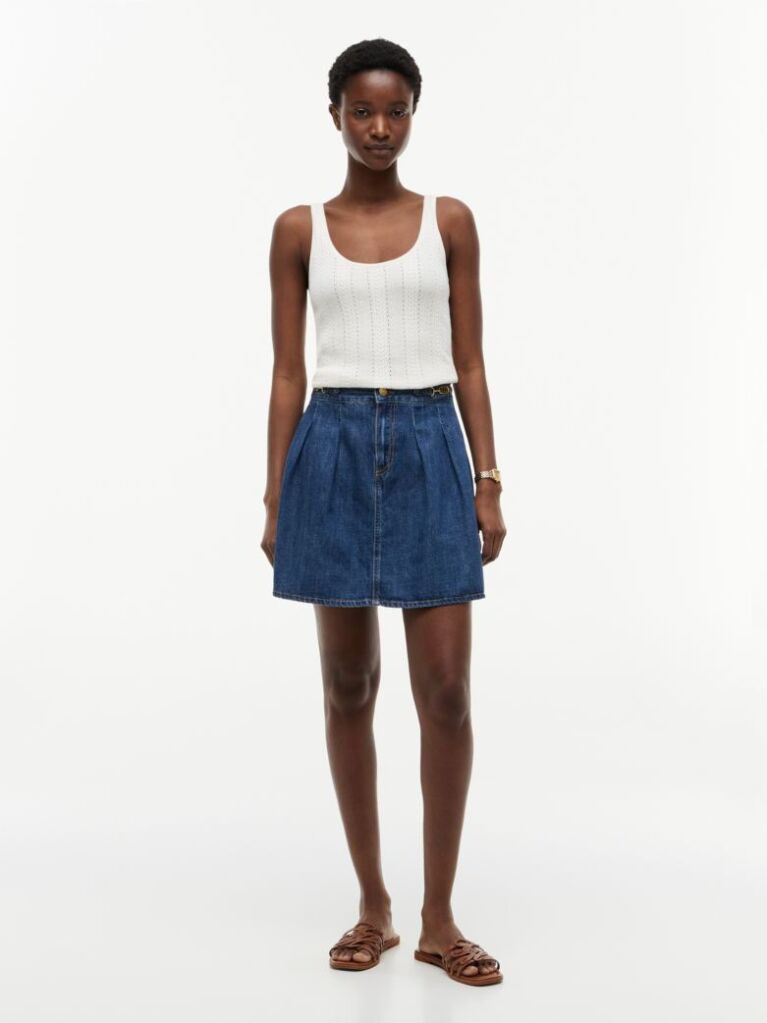Blue Mid Rise Pleated Denim Midi Skirt  Women