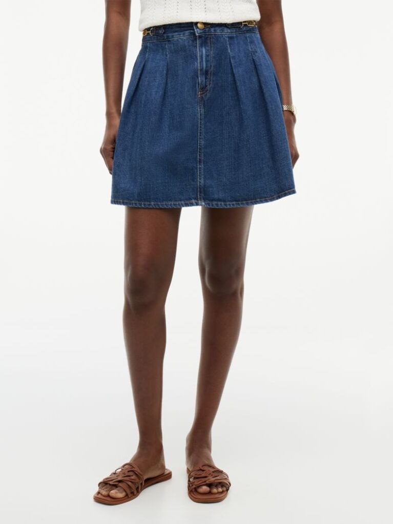 Blue Mid Rise Pleated Denim Midi Skirt  Women