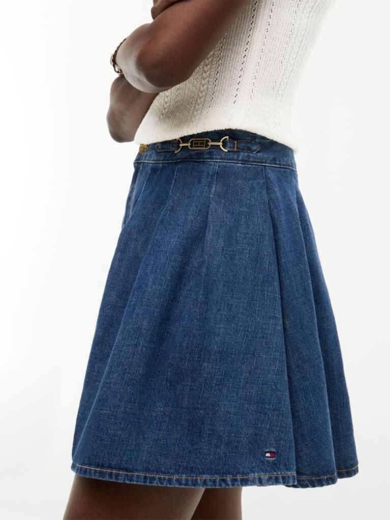 Blue Mid Rise Pleated Denim Midi Skirt  Women
