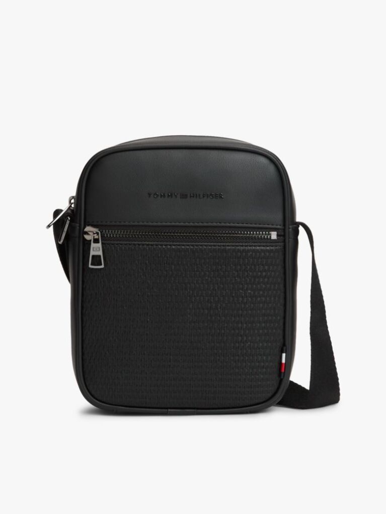 Black Woven Panel Crossbody Reporter Bag  Men
