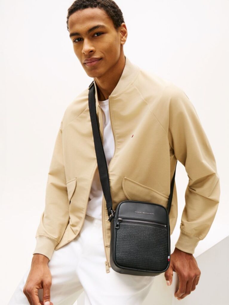 Black Woven Panel Crossbody Reporter Bag  Men