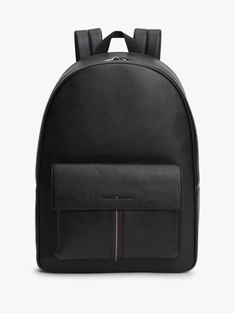 Black Flap Pocket Pebble Grain Dome Backpack  Men