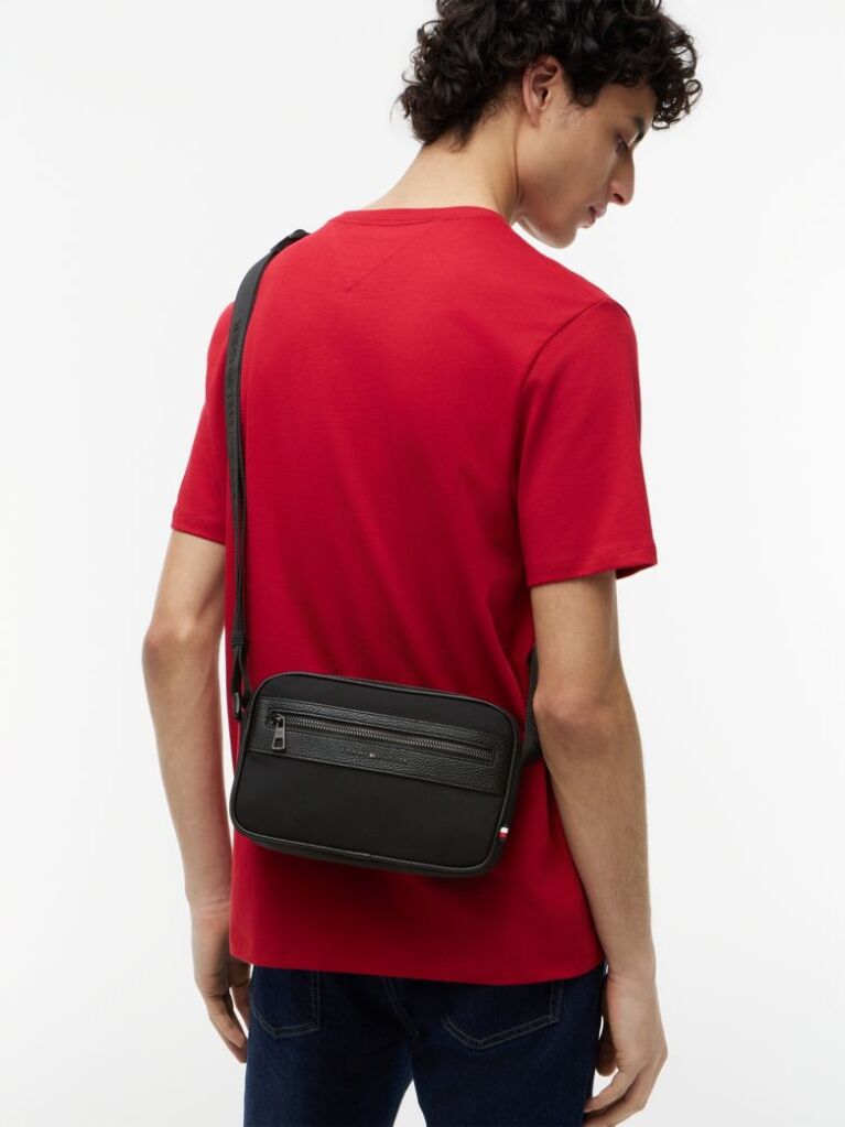 Black Metal Logo Crossbody Reporter Bag  Men