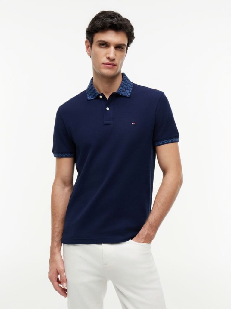 Blue Regular Fit Jacquard Collar Structured Polo Shirt  Men