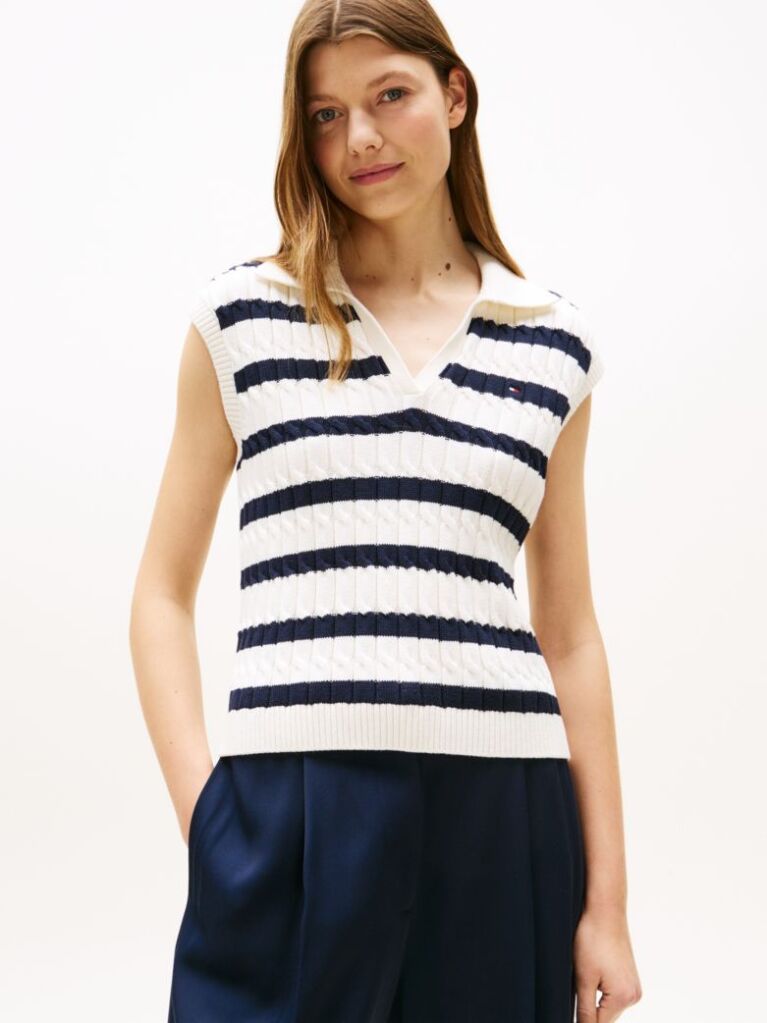 Multi Cable Knit Sleeveless Polo Jumper  Women