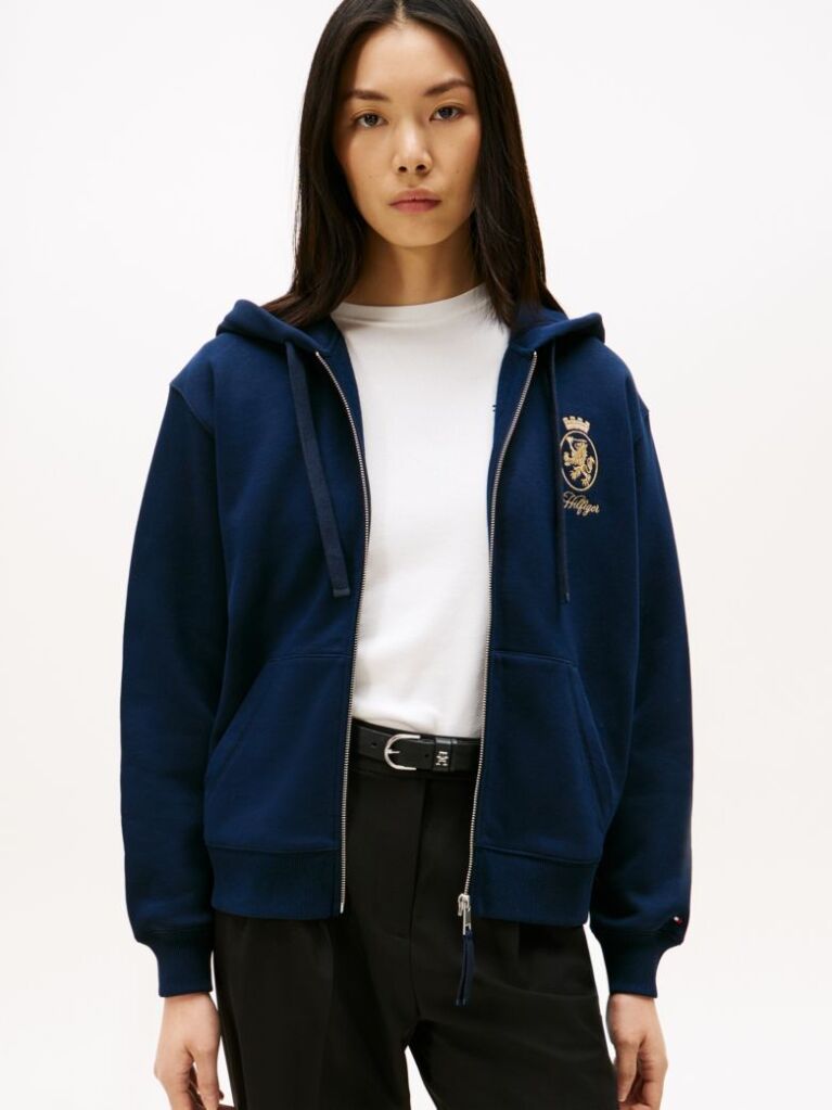 Blue TH Crest Embroidery Gold-Tone Zip-Thru Hoody  Women