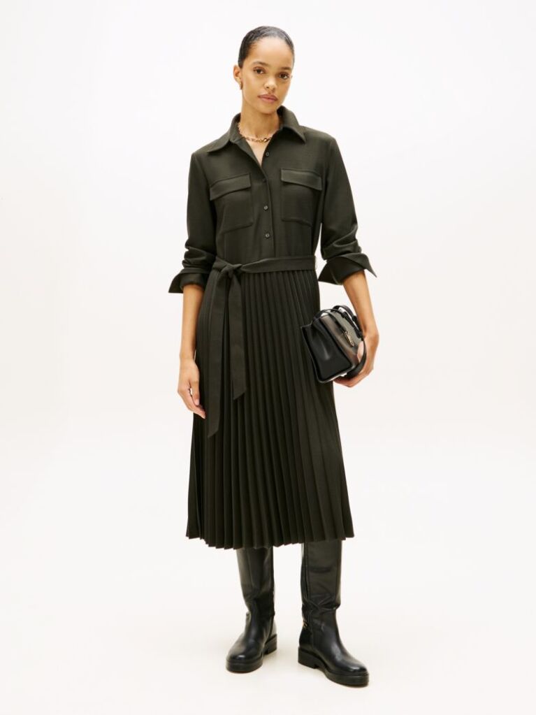 Green Pleated Relaxed Midi Shirt Dress  Women