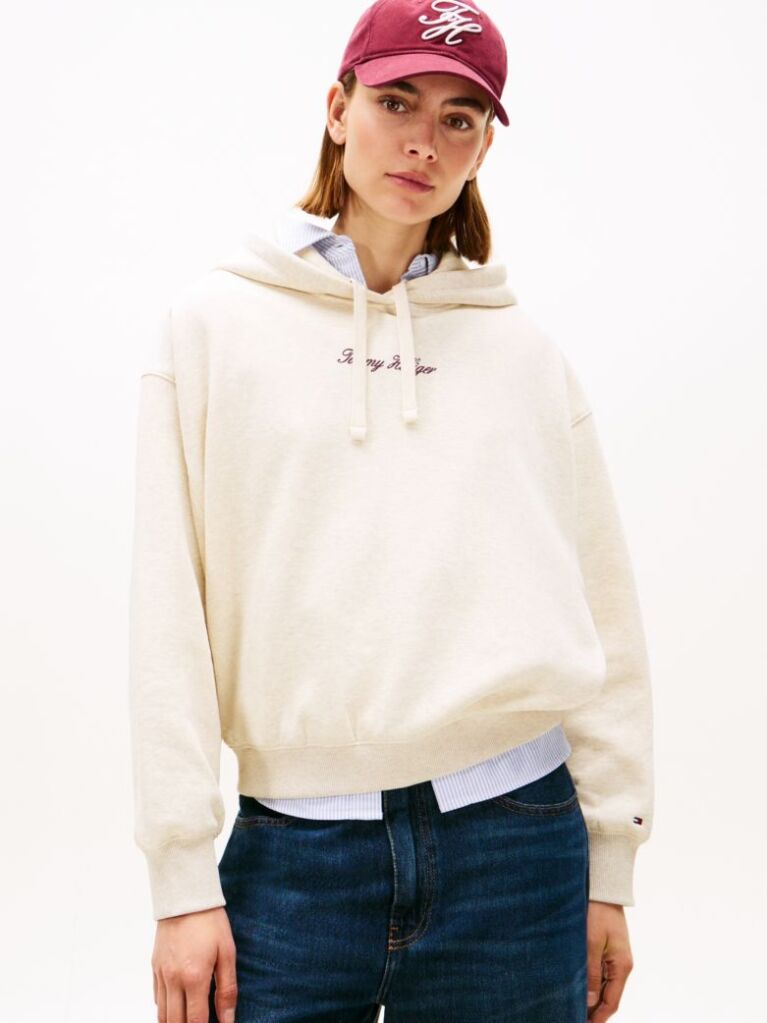 Beige Textured Logo Relaxed Hoody  Women
