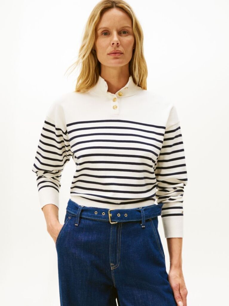 Multi Stripe Gold-Tone Button Mock Neck Jumper  Women