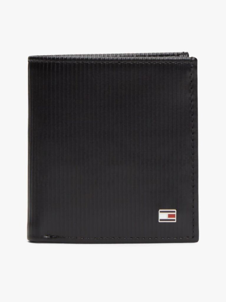 Black Hilfiger Flag Trifold Ribbed Leather Wallet  Men