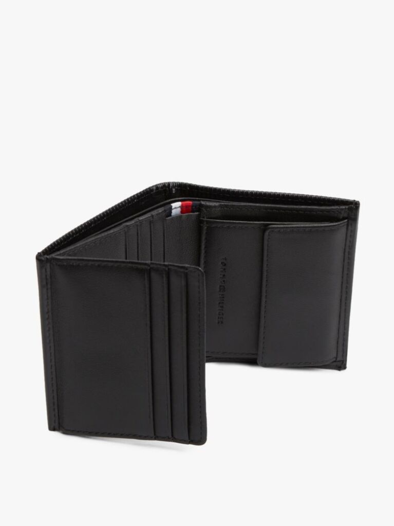 Black Hilfiger Flag Trifold Ribbed Leather Wallet  Men